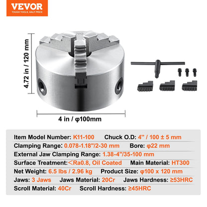 3-Jaw Self-Centering Lathe Chuck, 100 mm Diameter, 2-100 mm Clamping Range