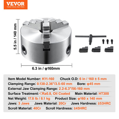 VEVOR 3-Jaw Lathe Chuck, 160 mm, Self-Centering Lathe Chuck, 3.5-160 mm Clamping