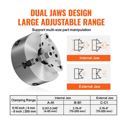 3-Jaw Self-Centering Lathe Chuck, 200 mm, 4-200 mm Clamping for Machining