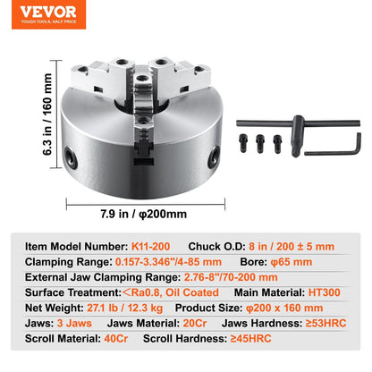 3-Jaw Self-Centering Lathe Chuck, 200 mm, 4-200 mm Clamping for Machining
