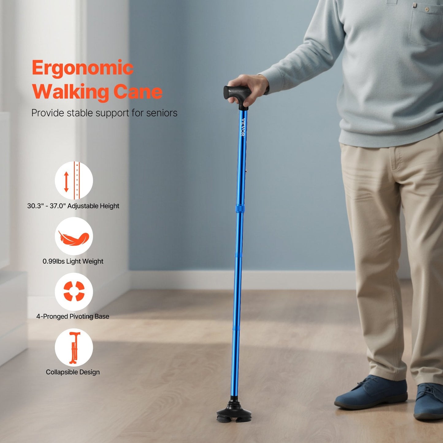 Folding Walking Stick with 8-Level Height and 4-Pronged Pivoting Base