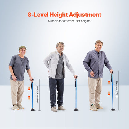 Folding Walking Stick with 8-Level Height and 4-Pronged Pivoting Base