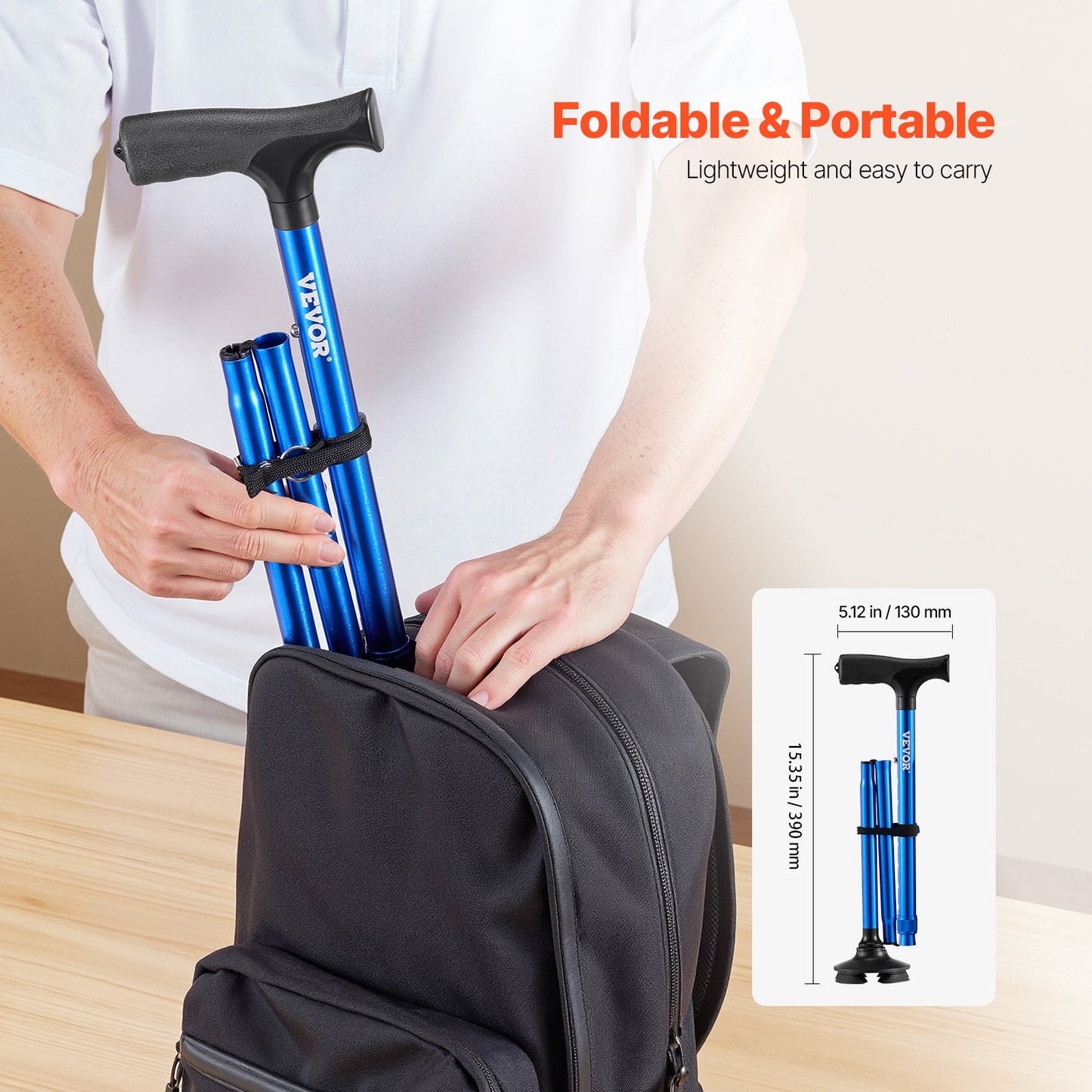 Folding Walking Stick with 8-Level Height and 4-Pronged Pivoting Base
