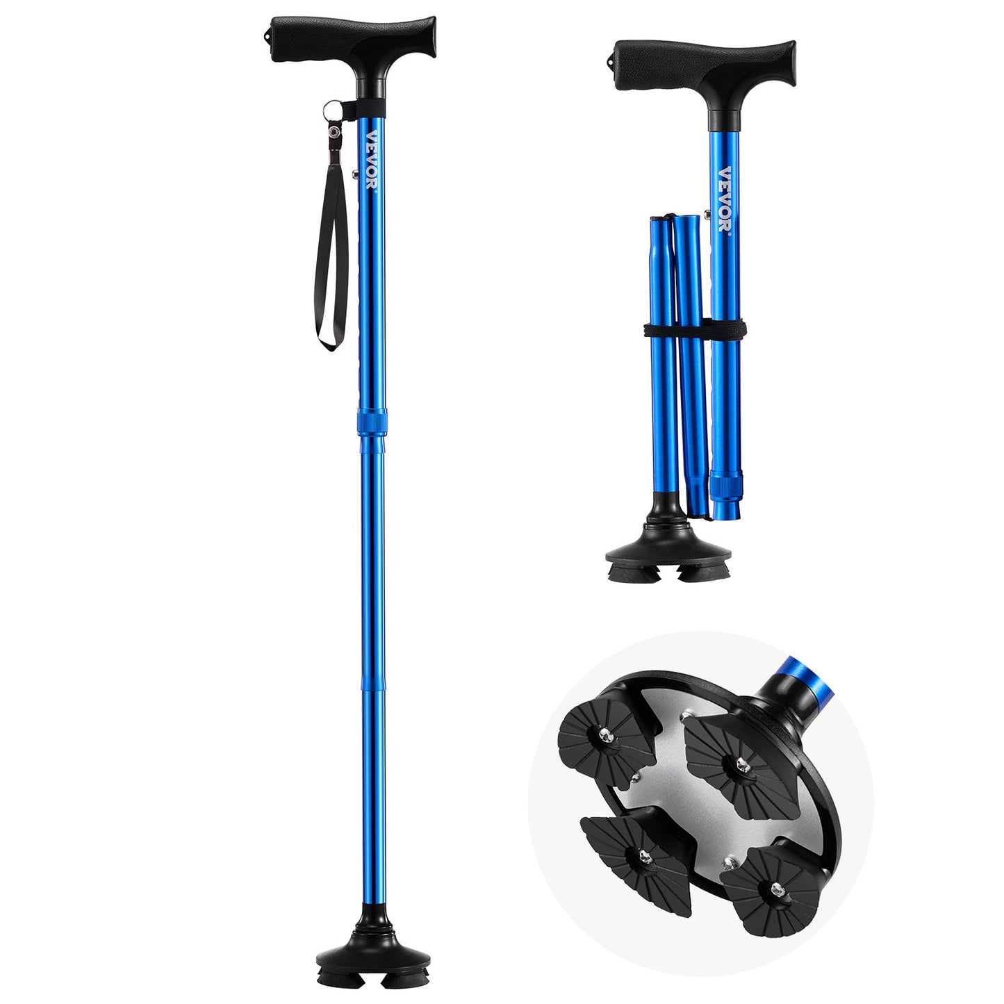 Folding Walking Stick with 8-Level Height and 4-Pronged Pivoting Base