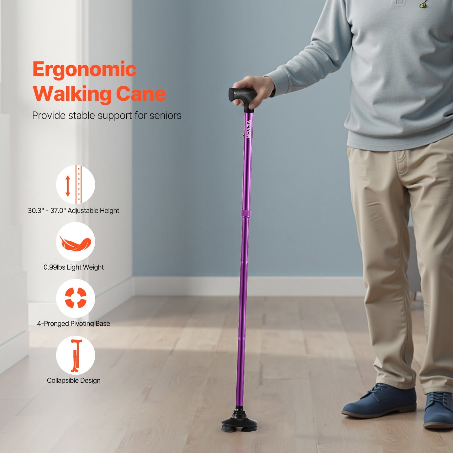 Walking Cane for Man Woman, Folding Walking Stick with 8-Level Adjustable Height, 4-Pronged Pivoting Base, Lightweight & Portable Aluminum Mobility Aid for Senior Adults, 250LBS Loading (Purple)