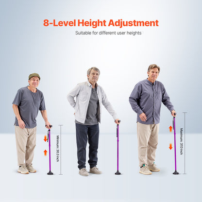 Walking Cane for Man Woman, Folding Walking Stick with 8-Level Adjustable Height, 4-Pronged Pivoting Base, Lightweight & Portable Aluminum Mobility Aid for Senior Adults, 250LBS Loading (Purple)