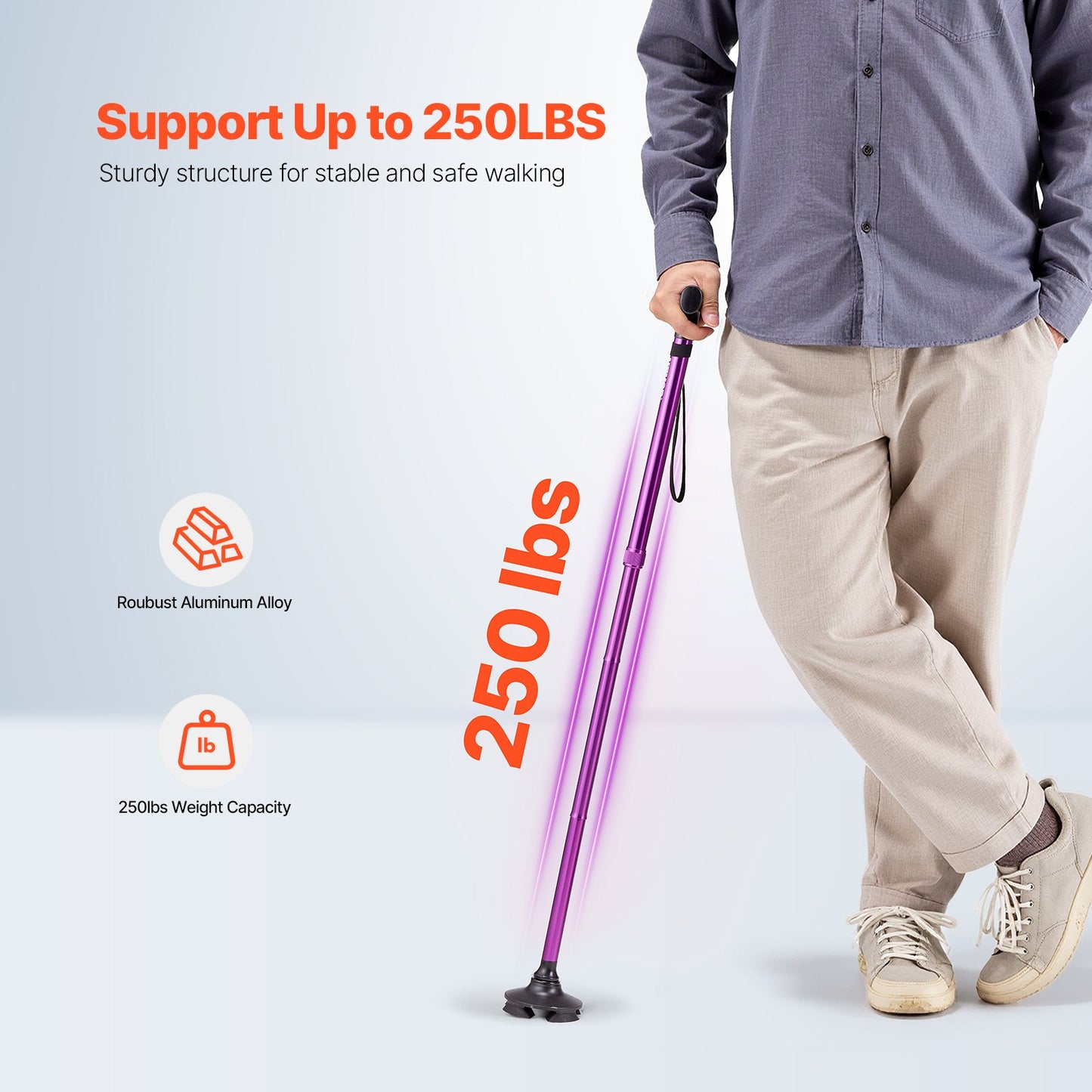 Walking Cane for Man Woman, Folding Walking Stick with 8-Level Adjustable Height, 4-Pronged Pivoting Base, Lightweight & Portable Aluminum Mobility Aid for Senior Adults, 250LBS Loading (Purple)