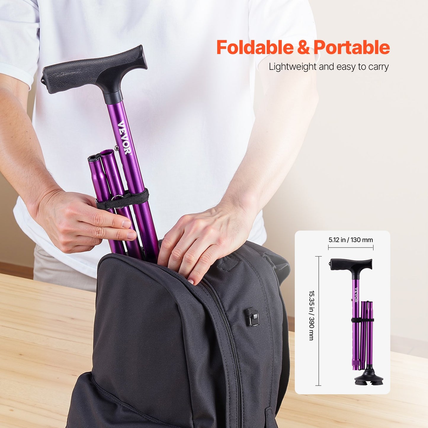 Walking Cane for Man Woman, Folding Walking Stick with 8-Level Adjustable Height, 4-Pronged Pivoting Base, Lightweight & Portable Aluminum Mobility Aid for Senior Adults, 250LBS Loading (Purple)