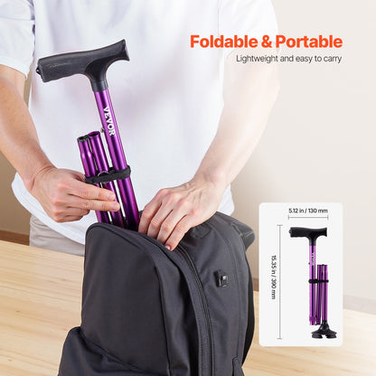 Walking Cane for Man Woman, Folding Walking Stick with 8-Level Adjustable Height, 4-Pronged Pivoting Base, Lightweight & Portable Aluminum Mobility Aid for Senior Adults, 250LBS Loading (Purple)