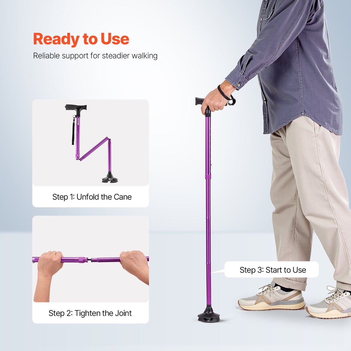 Walking Cane for Man Woman, Folding Walking Stick with 8-Level Adjustable Height, 4-Pronged Pivoting Base, Lightweight & Portable Aluminum Mobility Aid for Senior Adults, 250LBS Loading (Purple)