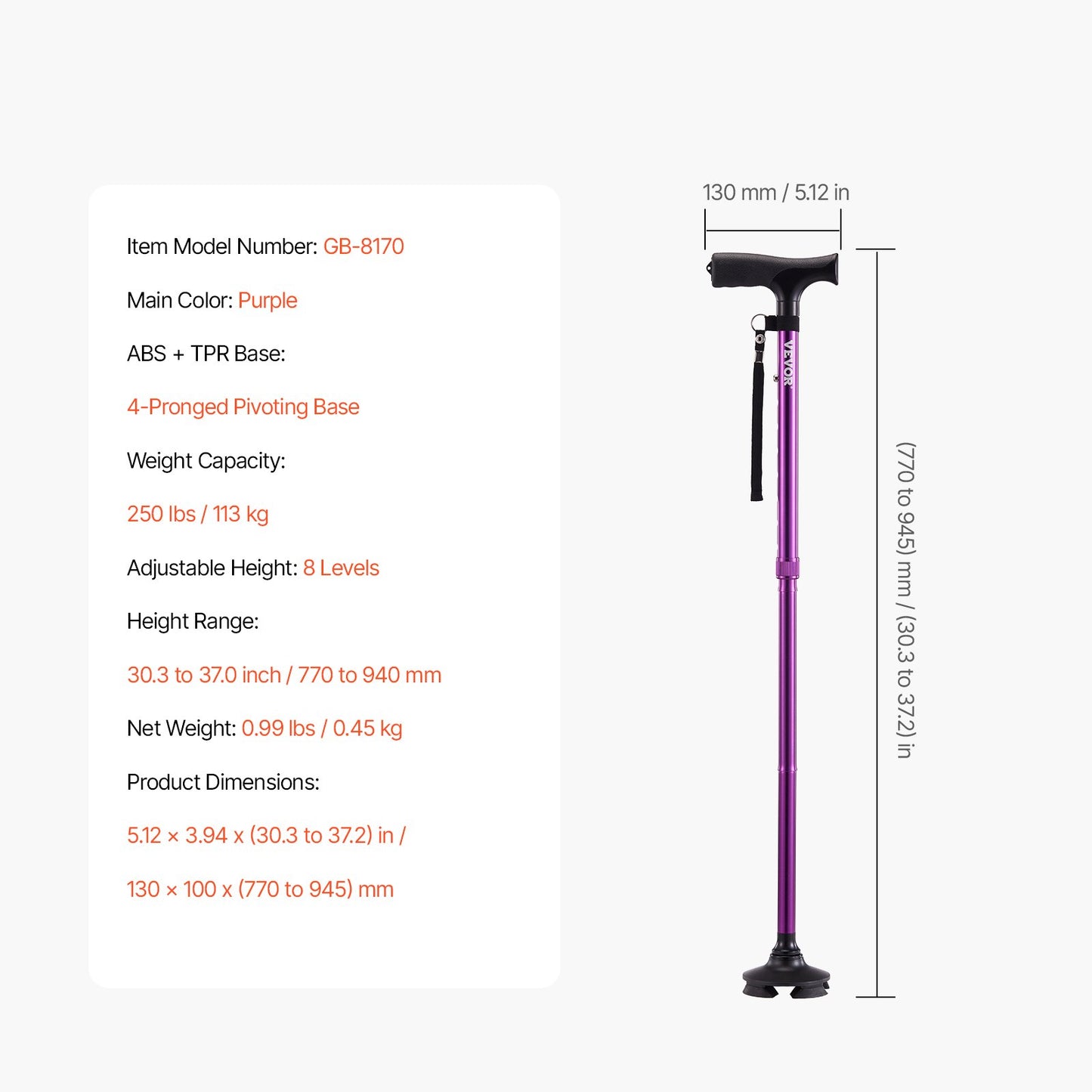 Walking Cane for Man Woman, Folding Walking Stick with 8-Level Adjustable Height, 4-Pronged Pivoting Base, Lightweight & Portable Aluminum Mobility Aid for Senior Adults, 250LBS Loading (Purple)