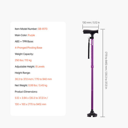 Walking Cane for Man Woman, Folding Walking Stick with 8-Level Adjustable Height, 4-Pronged Pivoting Base, Lightweight & Portable Aluminum Mobility Aid for Senior Adults, 250LBS Loading (Purple)