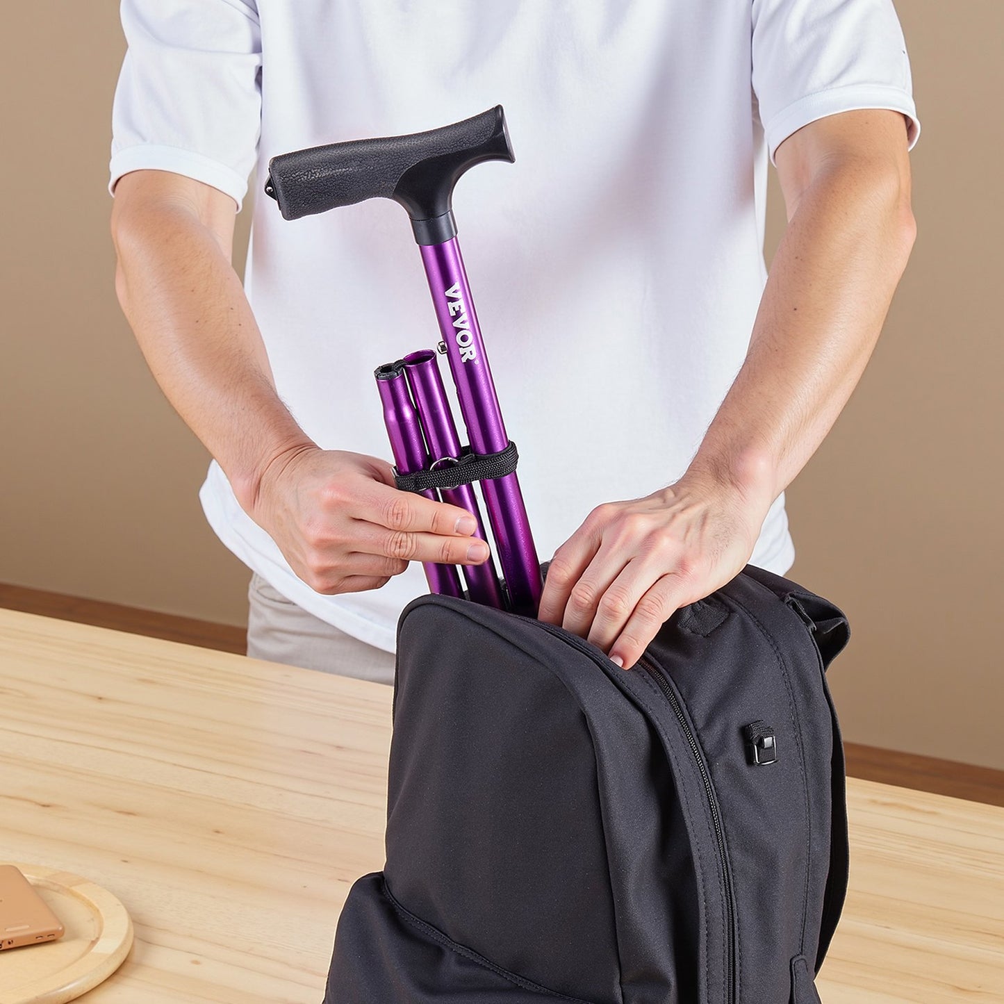 Walking Cane for Man Woman, Folding Walking Stick with 8-Level Adjustable Height, 4-Pronged Pivoting Base, Lightweight & Portable Aluminum Mobility Aid for Senior Adults, 250LBS Loading (Purple)