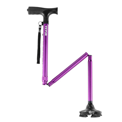 Walking Cane for Man Woman, Folding Walking Stick with 8-Level Adjustable Height, 4-Pronged Pivoting Base, Lightweight & Portable Aluminum Mobility Aid for Senior Adults, 250LBS Loading (Purple)
