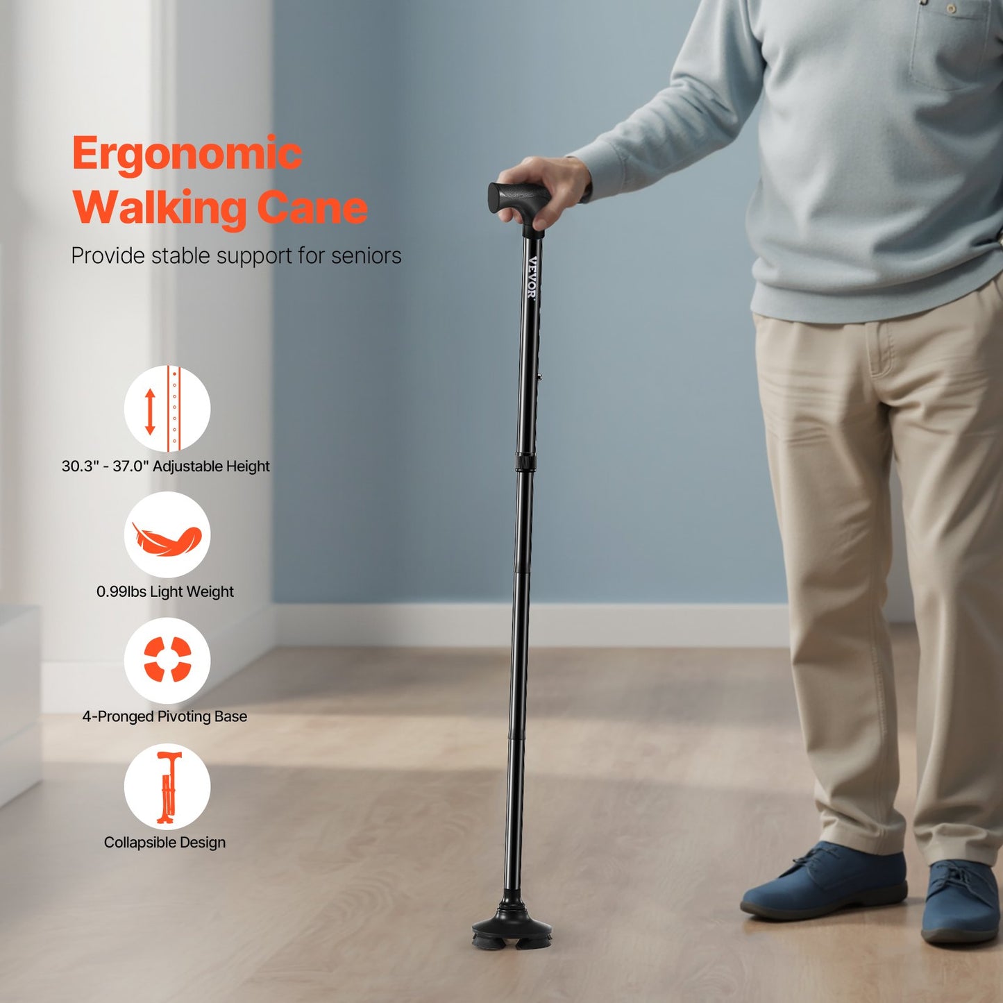Walking Cane for Man Woman, Folding Walking Stick with 8-Level Adjustable Height, 4-Pronged Pivoting Base, Lightweight & Portable Aluminum Mobility Aid for Seniors Adults, 250LBS Loading (Black)
