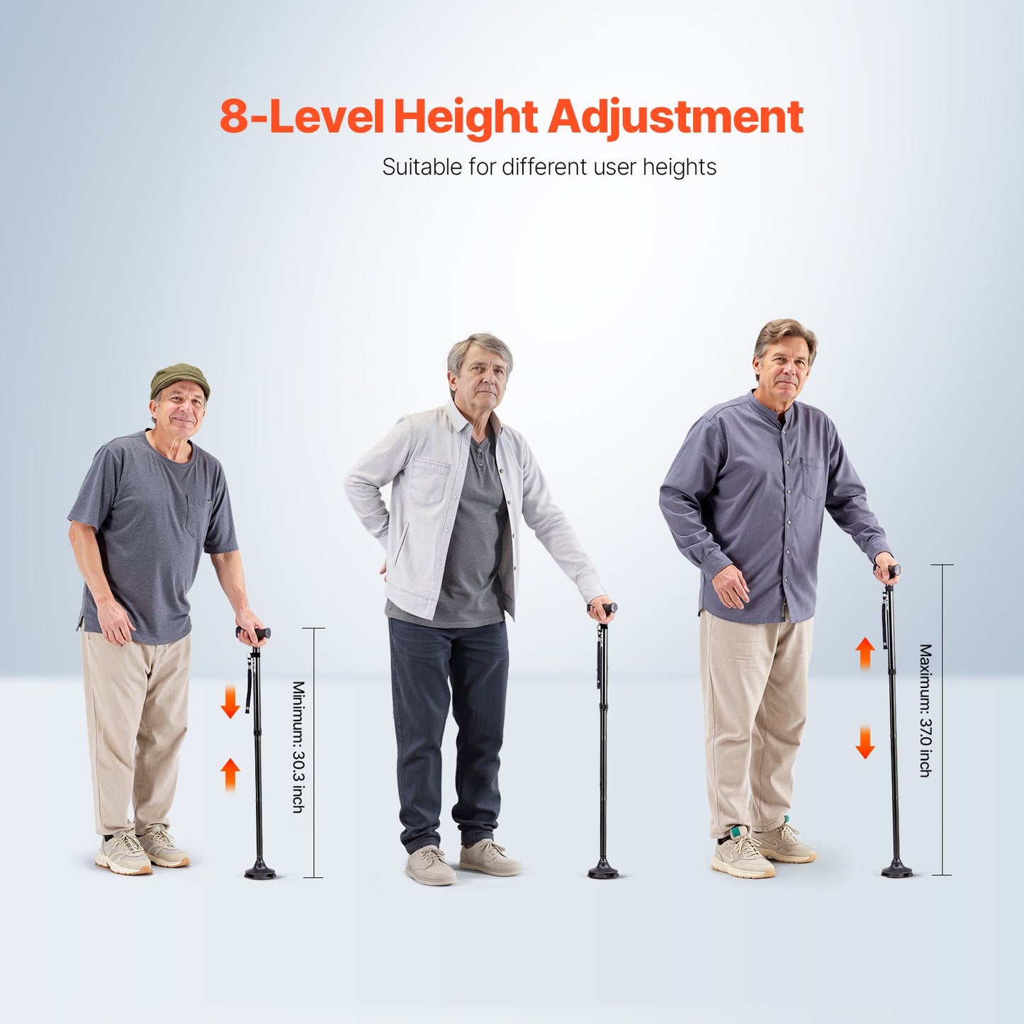 Walking Cane for Man Woman, Folding Walking Stick with 8-Level Adjustable Height, 4-Pronged Pivoting Base, Lightweight & Portable Aluminum Mobility Aid for Seniors Adults, 250LBS Loading (Black)