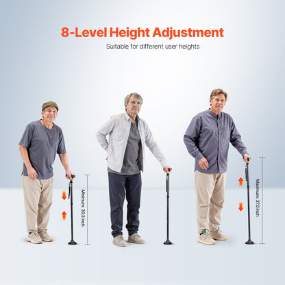 Walking Cane for Man Woman, Folding Walking Stick with 8-Level Adjustable Height, 4-Pronged Pivoting Base, Lightweight & Portable Aluminum Mobility Aid for Seniors Adults, 250LBS Loading (Black)