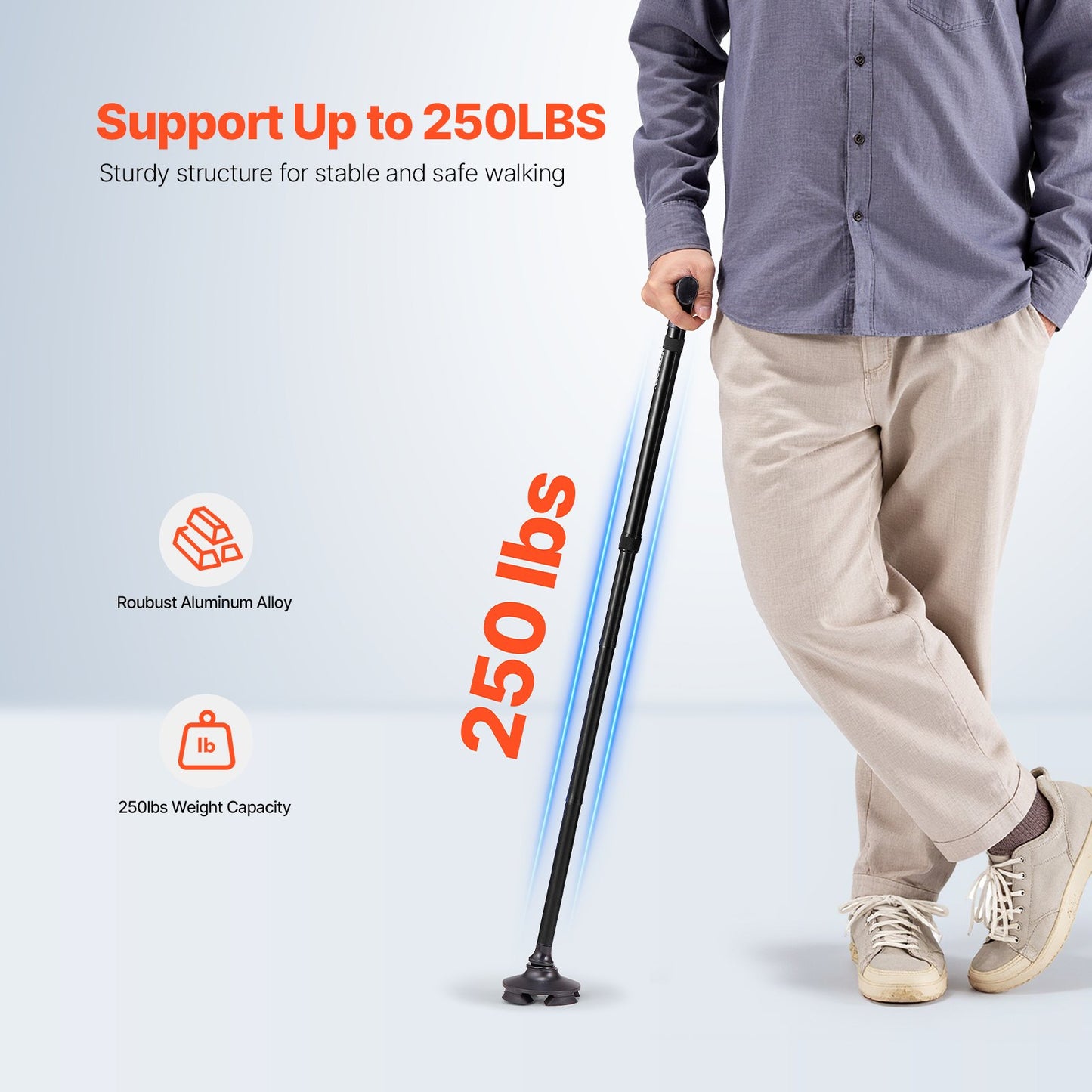 Walking Cane for Man Woman, Folding Walking Stick with 8-Level Adjustable Height, 4-Pronged Pivoting Base, Lightweight & Portable Aluminum Mobility Aid for Seniors Adults, 250LBS Loading (Black)