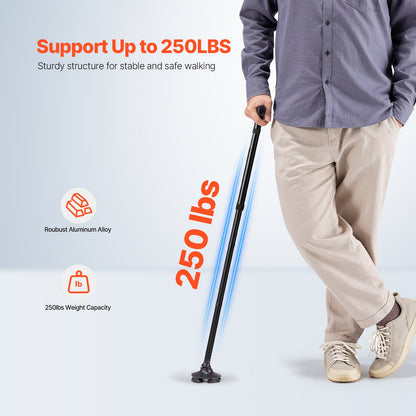 Walking Cane for Man Woman, Folding Walking Stick with 8-Level Adjustable Height, 4-Pronged Pivoting Base, Lightweight & Portable Aluminum Mobility Aid for Seniors Adults, 250LBS Loading (Black)