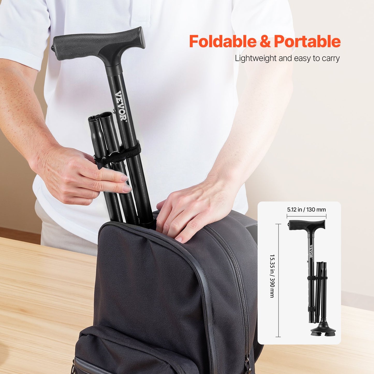 Walking Cane for Man Woman, Folding Walking Stick with 8-Level Adjustable Height, 4-Pronged Pivoting Base, Lightweight & Portable Aluminum Mobility Aid for Seniors Adults, 250LBS Loading (Black)