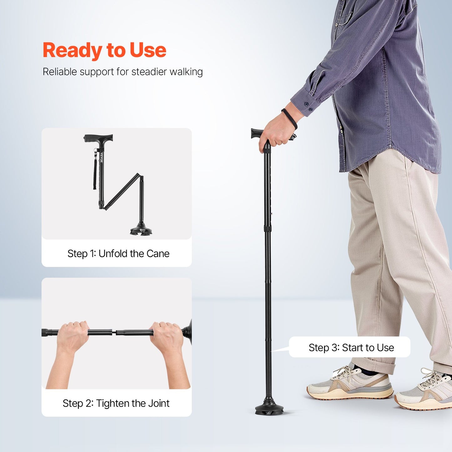 Walking Cane for Man Woman, Folding Walking Stick with 8-Level Adjustable Height, 4-Pronged Pivoting Base, Lightweight & Portable Aluminum Mobility Aid for Seniors Adults, 250LBS Loading (Black)