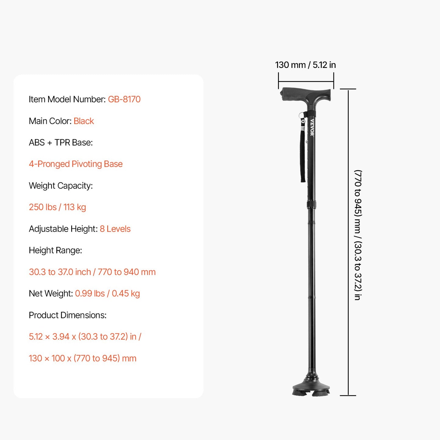 Walking Cane for Man Woman, Folding Walking Stick with 8-Level Adjustable Height, 4-Pronged Pivoting Base, Lightweight & Portable Aluminum Mobility Aid for Seniors Adults, 250LBS Loading (Black)