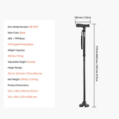 Walking Cane for Man Woman, Folding Walking Stick with 8-Level Adjustable Height, 4-Pronged Pivoting Base, Lightweight & Portable Aluminum Mobility Aid for Seniors Adults, 250LBS Loading (Black)