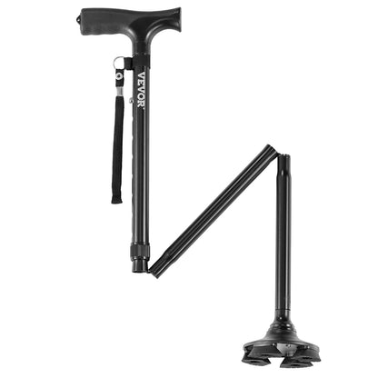 Walking Cane for Man Woman, Folding Walking Stick with 8-Level Adjustable Height, 4-Pronged Pivoting Base, Lightweight & Portable Aluminum Mobility Aid for Seniors Adults, 250LBS Loading (Black)