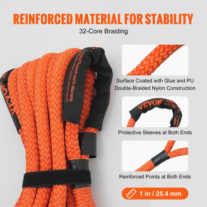 Heavy-Duty 25.4mm x 9.1m Kinetic Recovery Tow Rope, 17,237 kg Capacity