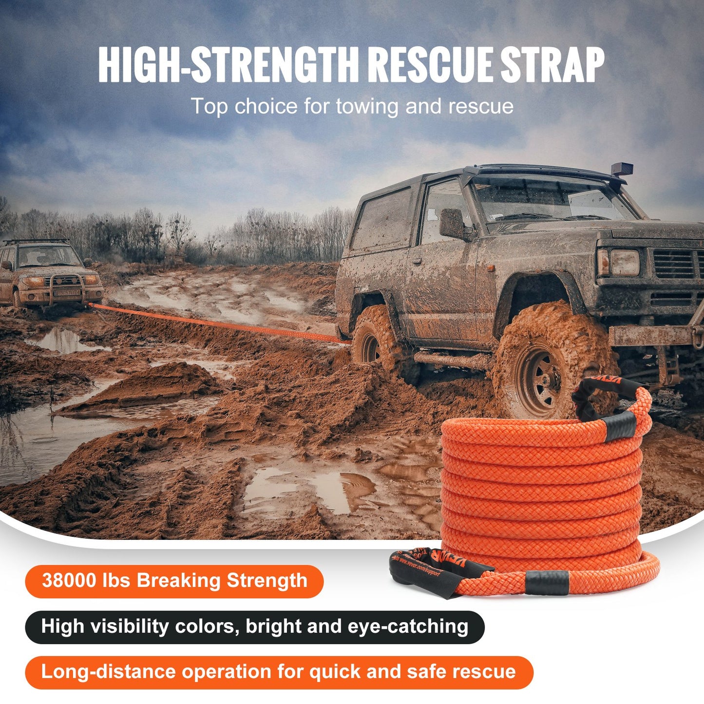 VEVOR 25.4 mm x 9.1 m Kinetic Recovery Tow Rope 17237 kg, Heavy-Duty Off Road Snatch