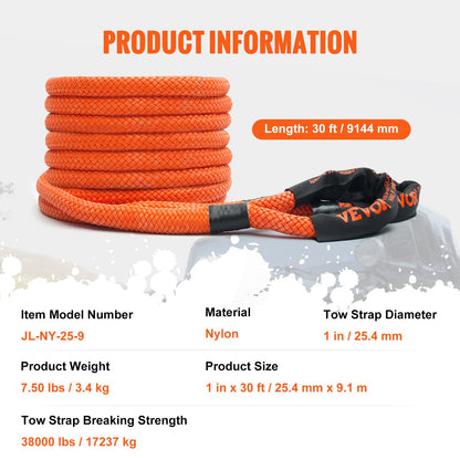 VEVOR 25.4 mm x 9.1 m Kinetic Recovery Tow Rope 17237 kg, Heavy-Duty Off Road Snatch