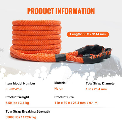 Heavy-Duty 25.4mm x 9.1m Kinetic Recovery Tow Rope, 17,237 kg Capacity