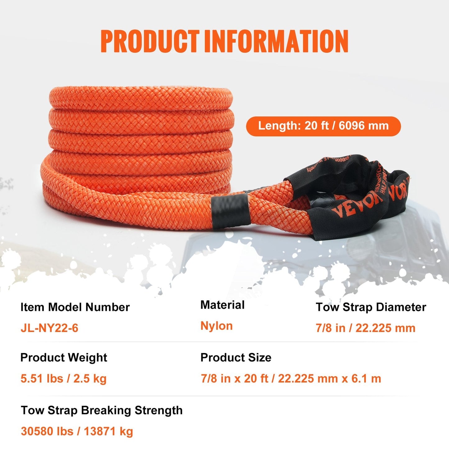 Heavy-Duty 6.1m Kinetic Recovery Rope, 13,871 kg Capacity for Off-Road Use