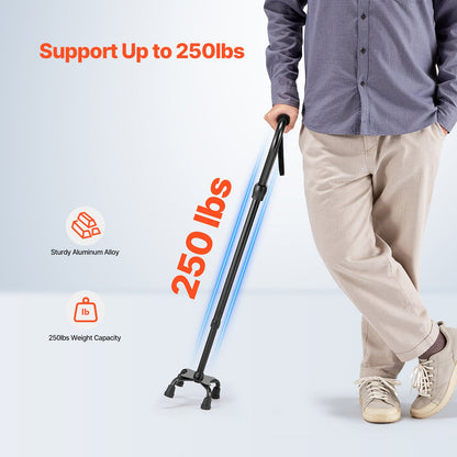 VEVOR Quad Walking Cane 10-Level Height Adjustable Walking Stick 4-Pronged Base