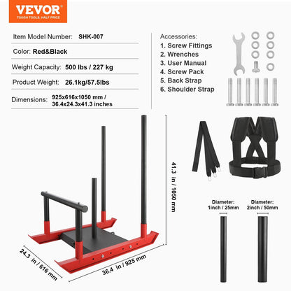 Power Sled with Handle for Strength Training, 227 kg Capacity, Black/Red