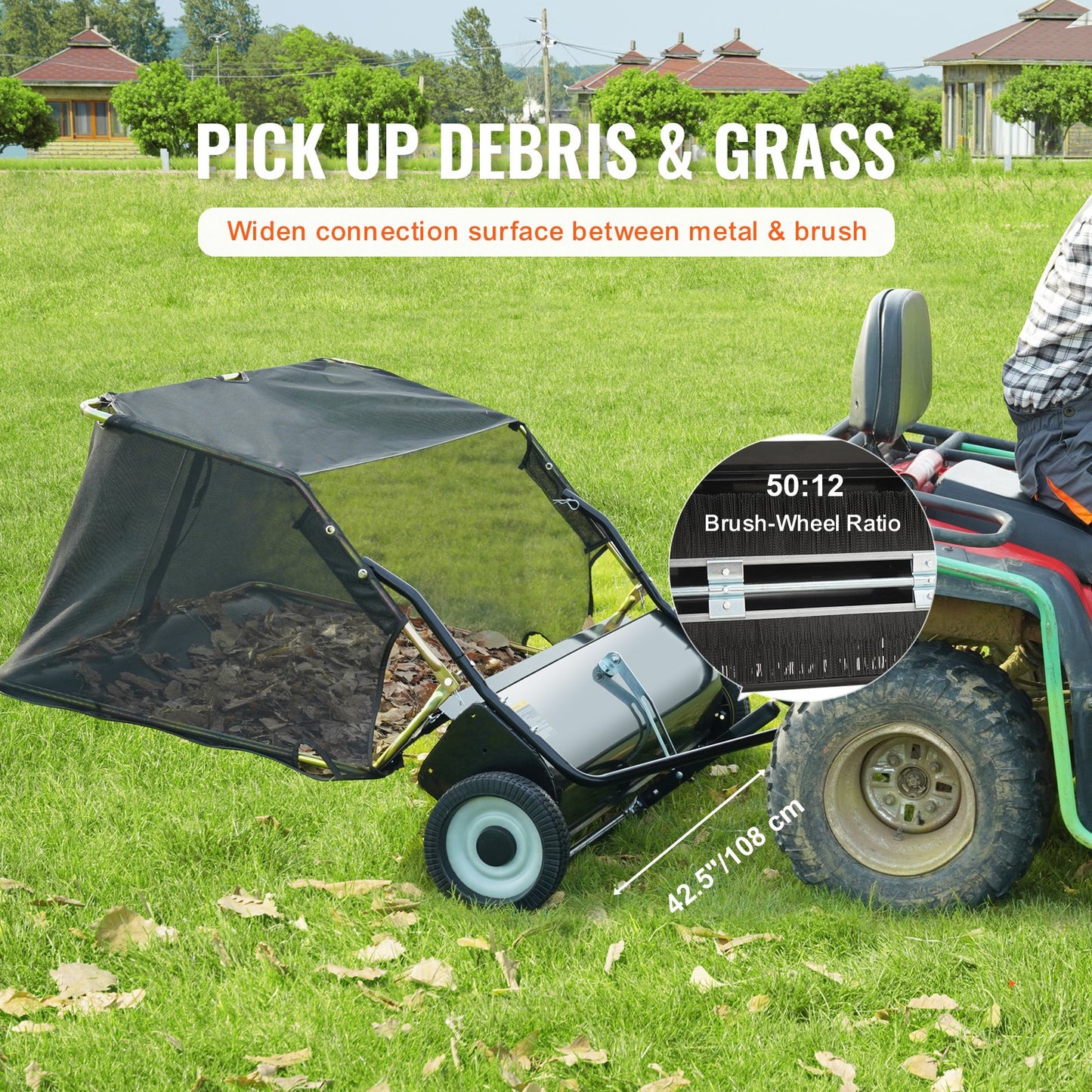 VEVOR Tow Behind Lawn Sweeper 44 inch, 25 cu. ft Large Capacity Heavy Duty Leaf