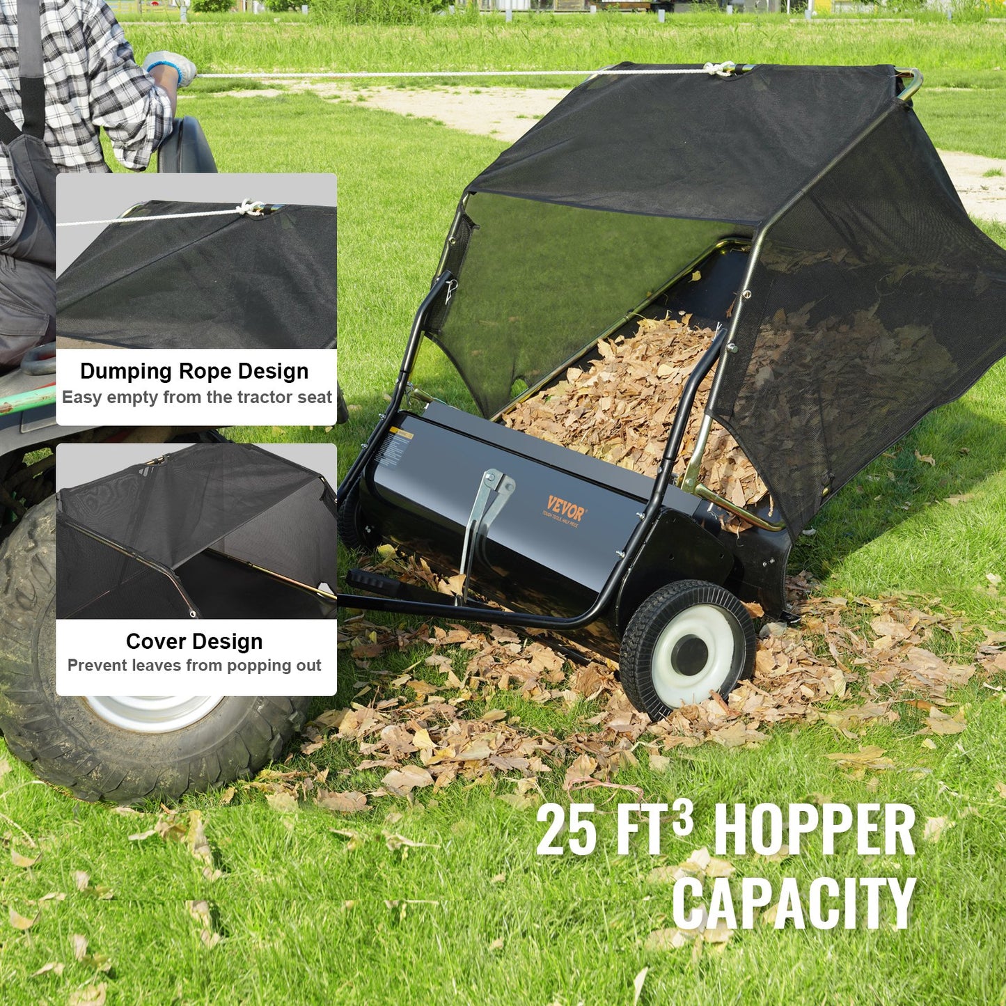 VEVOR Tow Behind Lawn Sweeper 44 inch, 25 cu. ft Large Capacity Heavy Duty Leaf