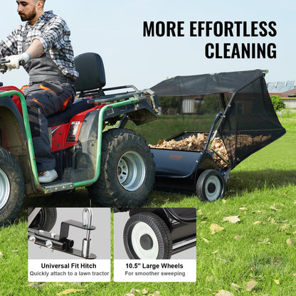 Tow-Behind Lawn Sweeper, 123 cm Wide, Large Capacity, Adjustable Height