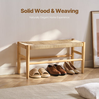 Rattan Bench, 31.5" Wooden Rattan Bench, Entrywway Bench with Oak Wood Legs, Bedroom End of Bed Boho Bench with Hand Woven Rattan, for Living Room, Kitchen