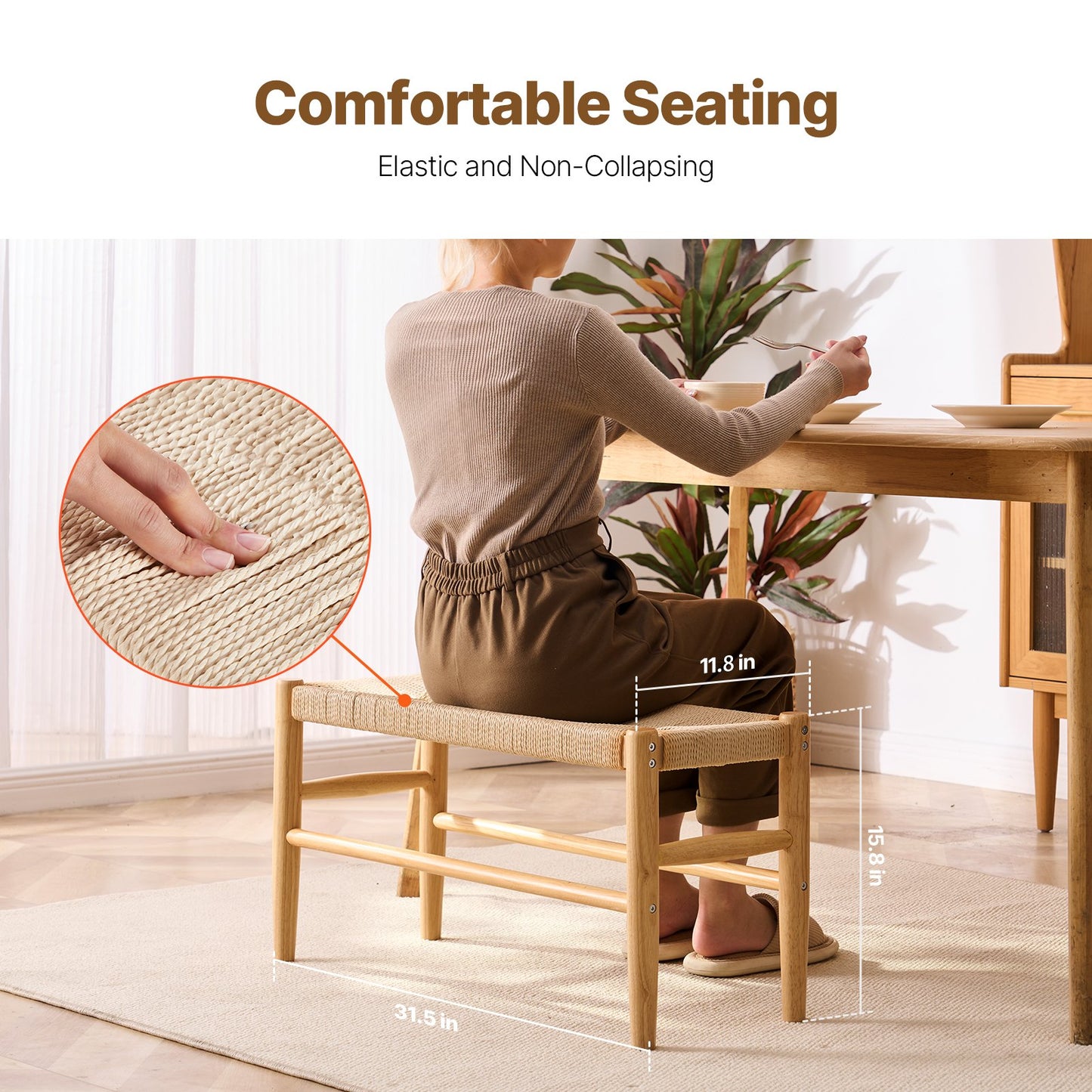 Rattan Bench, 31.5" Wooden Rattan Bench, Entrywway Bench with Oak Wood Legs, Bedroom End of Bed Boho Bench with Hand Woven Rattan, for Living Room, Kitchen