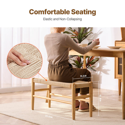 Rattan Bench, 31.5" Wooden Rattan Bench, Entrywway Bench with Oak Wood Legs, Bedroom End of Bed Boho Bench with Hand Woven Rattan, for Living Room, Kitchen
