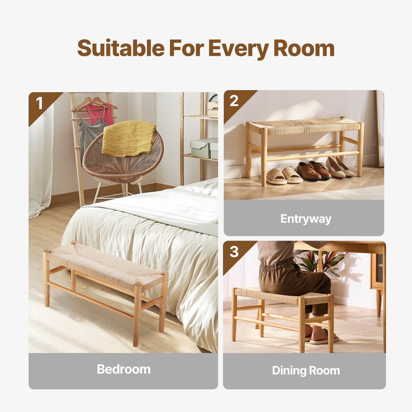 Rattan Bench, 31.5" Wooden Rattan Bench, Entrywway Bench with Oak Wood Legs, Bedroom End of Bed Boho Bench with Hand Woven Rattan, for Living Room, Kitchen