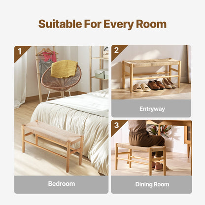Rattan Bench, 31.5" Wooden Rattan Bench, Entrywway Bench with Oak Wood Legs, Bedroom End of Bed Boho Bench with Hand Woven Rattan, for Living Room, Kitchen