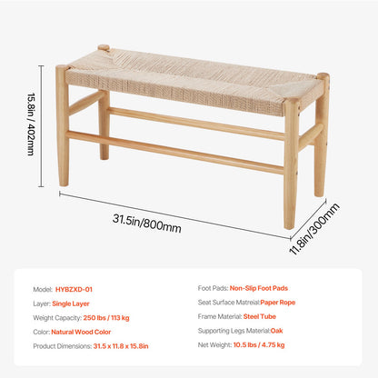 Rattan Bench, 31.5" Wooden Rattan Bench, Entrywway Bench with Oak Wood Legs, Bedroom End of Bed Boho Bench with Hand Woven Rattan, for Living Room, Kitchen