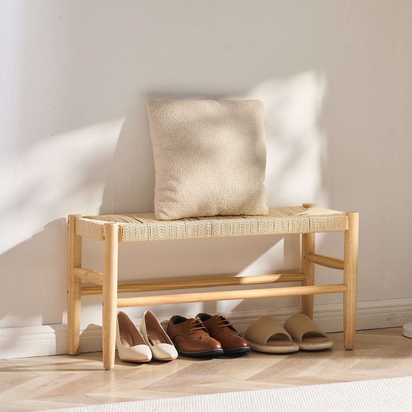 Rattan Bench, 31.5" Wooden Rattan Bench, Entrywway Bench with Oak Wood Legs, Bedroom End of Bed Boho Bench with Hand Woven Rattan, for Living Room, Kitchen