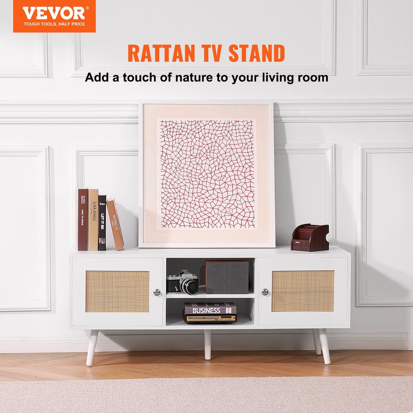 VEVOR Rattan TV Stand, Boho TV Cabinet for 55 inch TV, Mid Century Modern TV Stand,