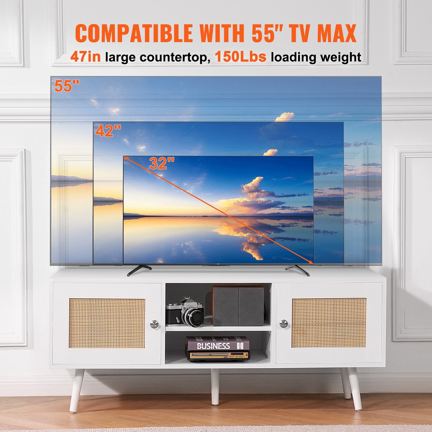 VEVOR Rattan TV Stand, Boho TV Cabinet for 55 inch TV, Mid Century Modern TV Stand,