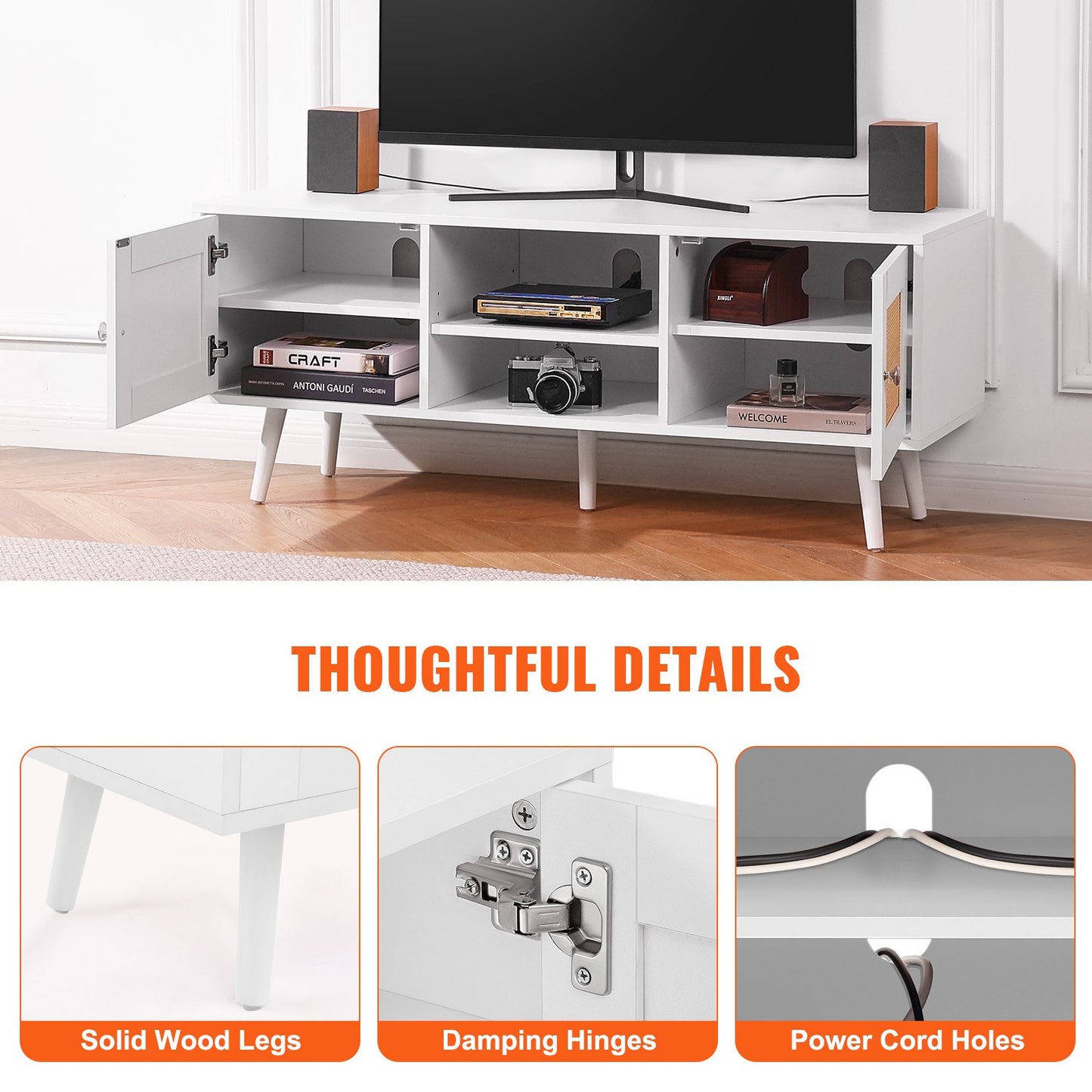 VEVOR Rattan TV Stand, Boho TV Cabinet for 55 inch TV, Mid Century Modern TV Stand,