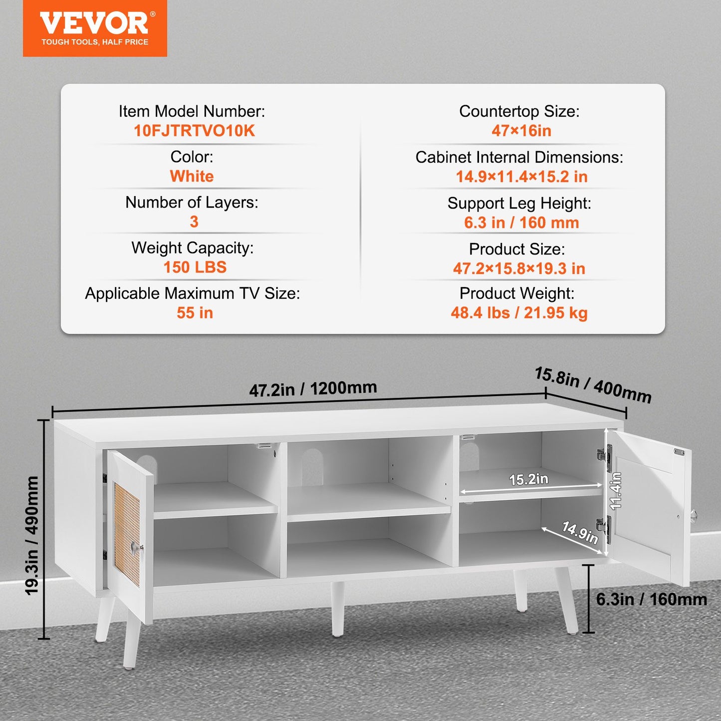 VEVOR Rattan TV Stand, Boho TV Cabinet for 55 inch TV, Mid Century Modern TV Stand,