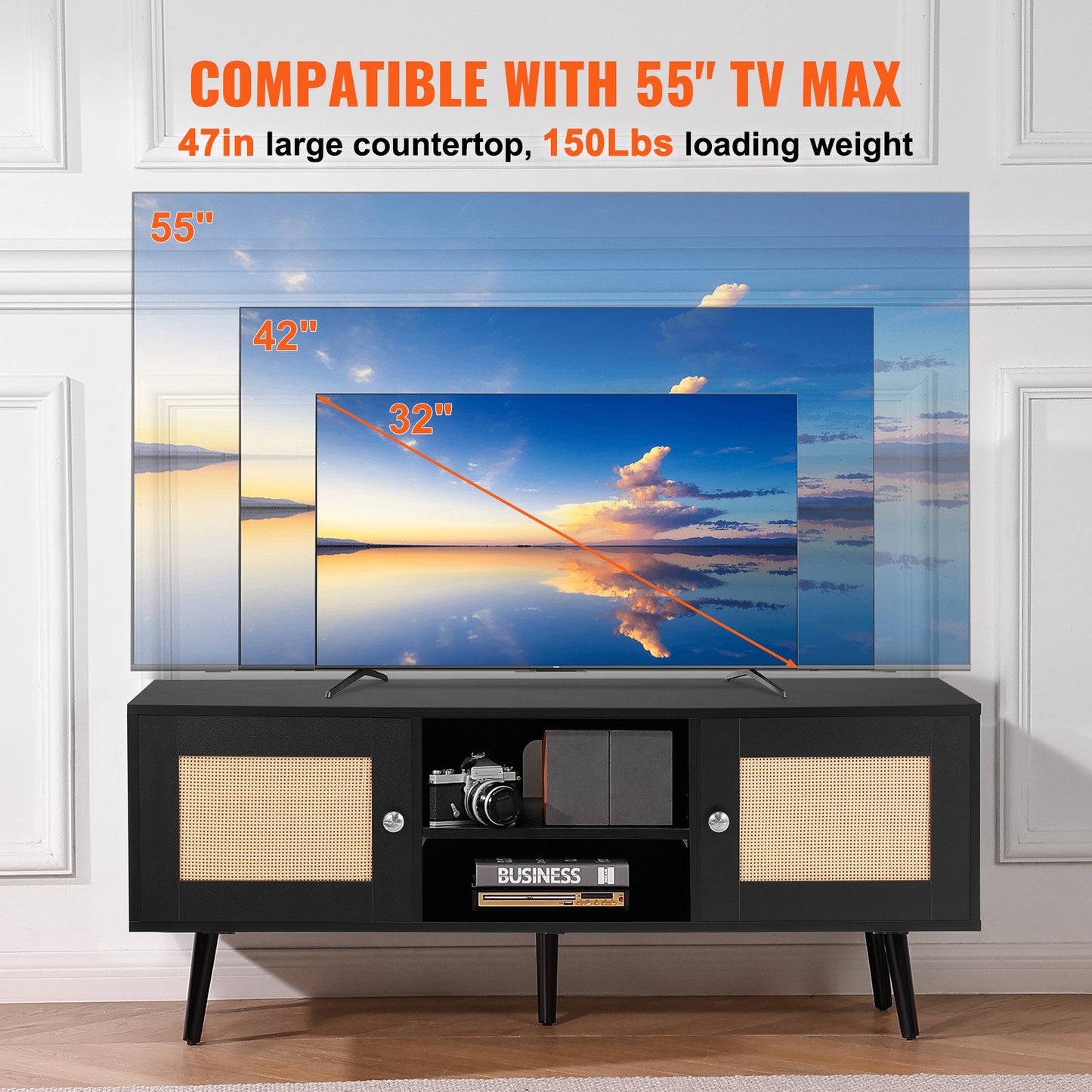 VEVOR Rattan TV Stand, Boho TV Cabinet for 55 inch TV, Mid Century Modern TV Stand,